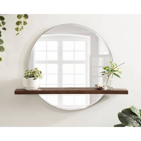 Frameless Beveled Mirror, Midcentury Modern Style, Rose Mirror, Solid Wood Shelves, Mirror Console, Frameless Mirror, Entryway Console, Mirror With Shelf, Beveled Mirror