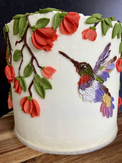 Hummingbird Themed Cake, Hummingbird Cake Design, Hummingbird Cakes, Cute Cake Designs, Flower Cupcake Cake, Message Cookies, Bird Cake, Hummingbird Cake, Cake Decorating Classes