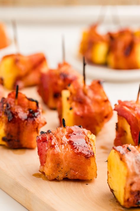 These bacon wrapped pineapple bites are a super easy and tasty treat you can whip up for any occasion! Pineapple Appetizers, Copycat Drink Recipes, Bacon Wrapped Pineapple, Velveeta Recipes, Campbells Soup Recipes, Pineapple Recipe, Healthy Egg Recipes, Veal Recipes, Breakfast Bread Recipes