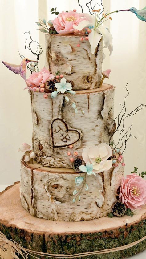 Birch Tree Cakes, Wedding Cake Tutorial, Wedding Cake Tree, Birch Tree Wedding, Cake With Flowers, Country Wedding Cakes, Log Cake, Chocolate Wedding Cake, Themed Wedding Cakes