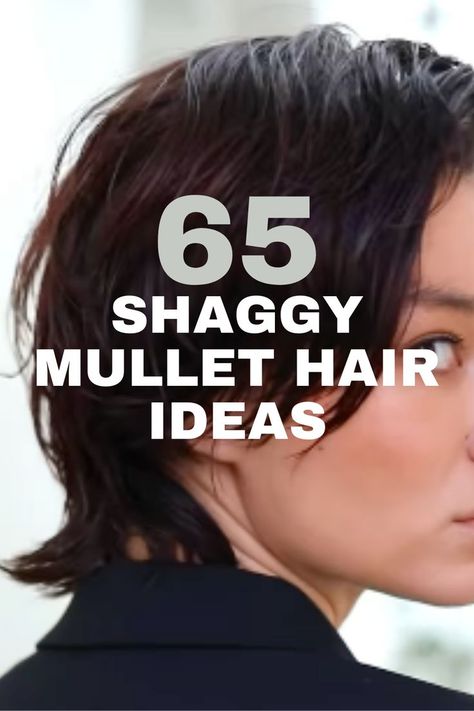 A woman with a shaggy mullet hairstyle, featuring textured, layered dark hair for an edgy look. Shag Undercut Hair, Mullet In Ponytail, Womans Mullets Short, Hair Styles Shag, Layered Mullet Female, Mullets For Women, Modern Shag Haircuts Medium, Layered Shaggy Hair, Chic Mullet