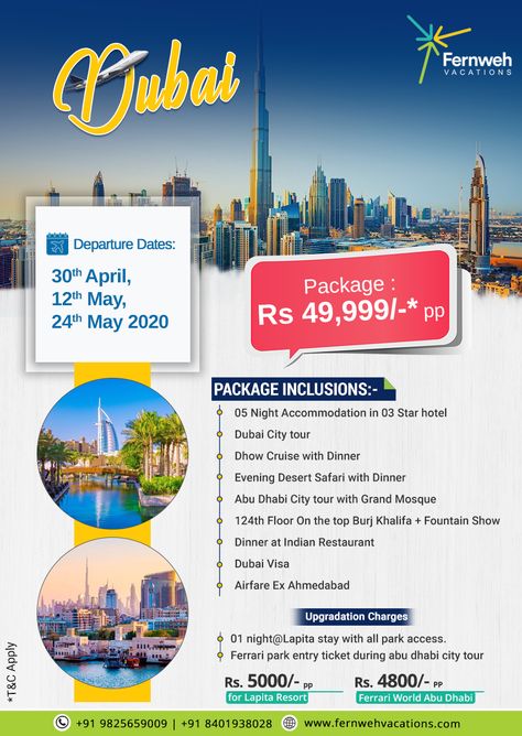 Get the attractive Dubai tour package with accommodation in 3 star hotel from Fernweh Vacations. Call now:- 8401938028 / 9825659009  #DubaiTourPackage #DubaiTour #FernwehVacations Dubai Poster Design, Package Poster Design, Tour Packages Design, Dubai Brochure, Tourism Design, Air Ticket Booking, Travel Flyer, Tours And Travels, Dubai Holidays