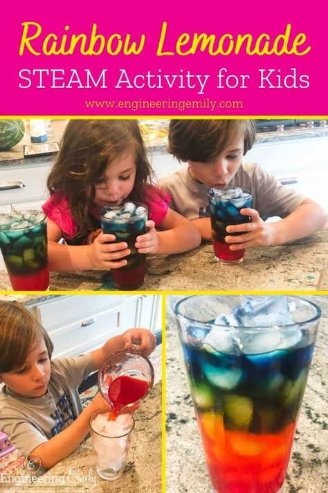 This colorful and delicious drink is sure to delight kids and adults alike! This is easy to make and your kids will have fun helping every step of the way. Try making this refreshing beverage with your kids today. Head to my blog post for all the step by step instructions with pictures!  #rainbowlemonade #lemonade #rainbow #kidsactivities #cookingwithkids #summerdrinks #summeractivities #sciencewithkids #scienceexperiment #stemforkids #stemathome Rainbow Drinks For Kids, Rainbow Lemonade, Schedule Ideas, Rainbow Drinks, Week Meals, Stem Club, Summer Stem, Steam Activity, Pride Party