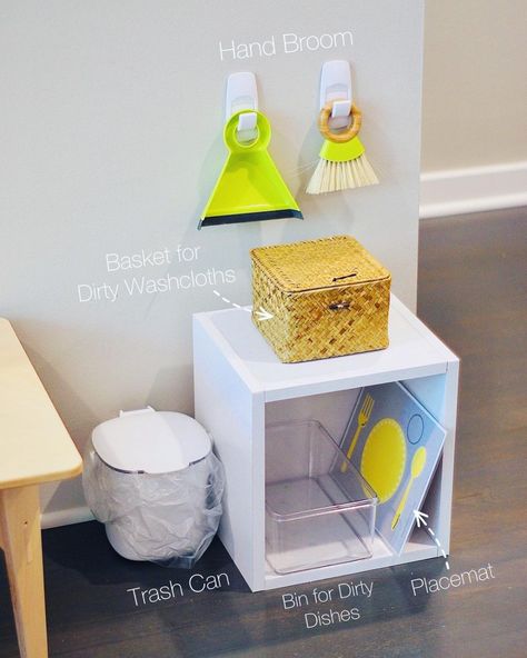 Sophia | Montessori Bright (@montessori.bright) • Instagram photos and videos Montessori Cleaning Station, Montessori Kitchen Station, Montessori Cleaning, Weaning Table, Kitchen Station, Montessori Kitchen, Cleaning Station, Breakfast Station, Cleaning Basket