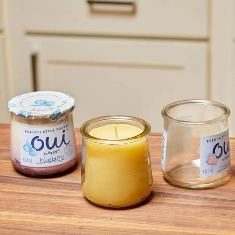 Glass Jars Diy, Yogurt Jars, Beeswax Candles Diy, Crafts With Glass Jars, Jar Diy, One Candle, Mason Jar Crafts, Jar Crafts, Oui Oui