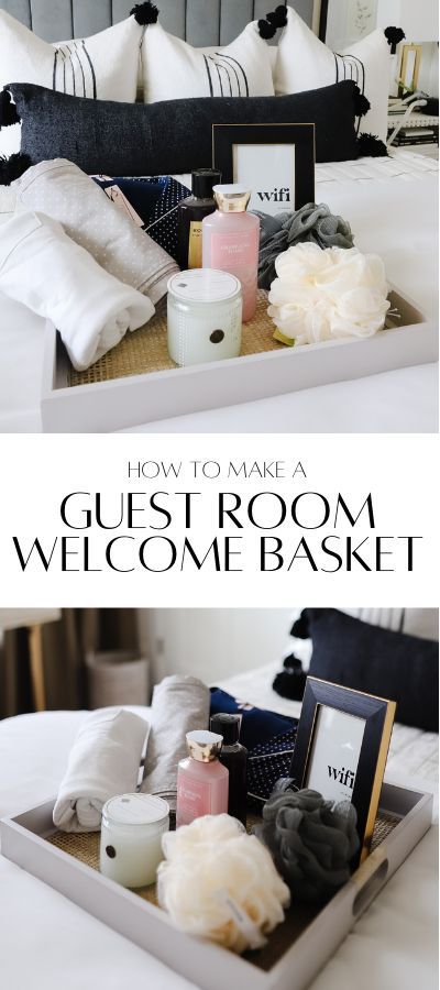 There's nothing that will make your guests feel more special than a cute guest room basket waiting for them on their bed! Modern Bed Wall, Guest Room Basket, Tray On Bed, Guest Room Baskets, Guest Welcome Baskets, Bedroom Designs Ideas, Guest Basket, Wall Lighting Ideas, Guess Room