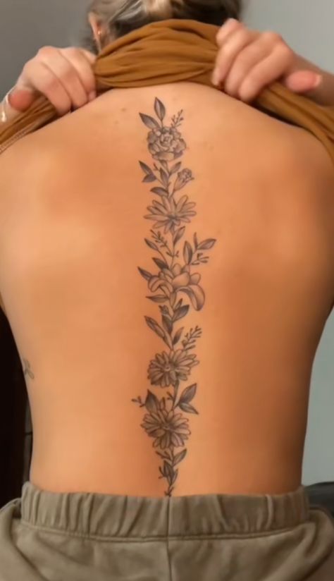 Detailed Spine Tattoos For Women, Flower Spinal Tattoo Women, Honeysuckle Spine Tattoo, Spin Tattoos For Women Flowers, Spine Tattoo Women Unique, April Birth Flower Spine Tattoo, Spine Tattoos Cover Up, Spine Tattoo Sunflower, Large Spine Tattoos For Women