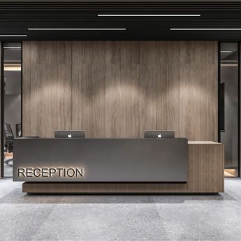 Front Desk Office Design, Reseption Zone Design Modern, Architecture Office Interior Design Modern, Hotel Reception Desk Design, Modern Office Reception Design, Reception Desk Design Entrance, Office Reception Counter Design, Counter Desk Design, Reception Design Ideas