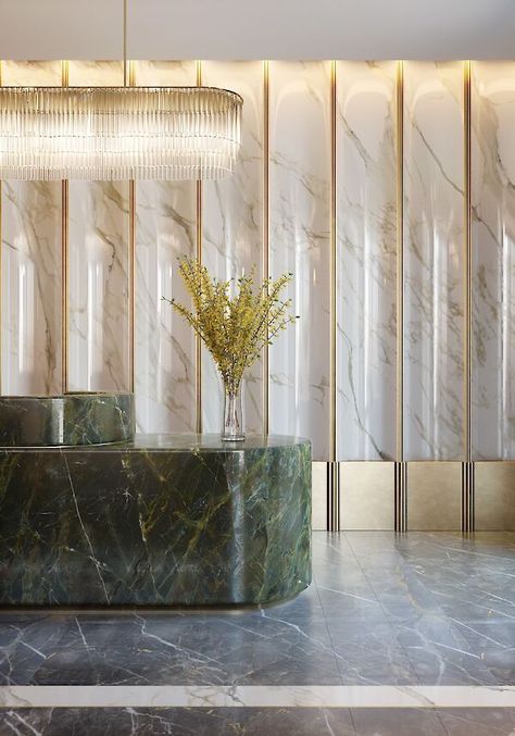 Transitional Modern Decor, Building Lobby Design, Hotel Reception Design, Lobby Reception Design, Art Deco Lobby, Hotel Lobby Reception, Luxury Hotels Lobby, Building Lobby, Hotel Lobby Design