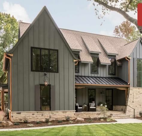 Best Siding Color With Brown Roof, Dark House Brown Roof, House Colors That Go With Brown Roof, Rustic Farmhouse Exterior Paint Colors, House Exterior Brown Roof, Rustic Exterior House Color Ideas, Brown Roof House Colors Exterior Paint, Dark Siding House Exterior Colors, Dark Green Exterior House