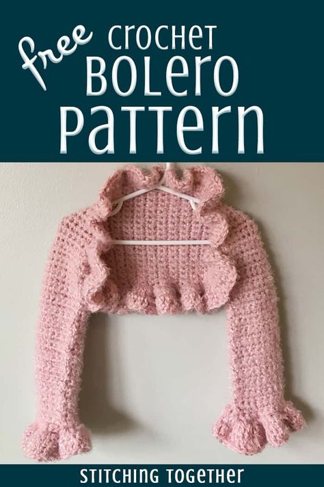 Free crochet bolero pattern available in girl sizes from 2 yo - 14 yo. You'll love makeing this easy crochet shrug as much as she loves wearing it. This crochet bolero is the perfect accessory for Easter or for a wedding. #crochetshrug #crochetpattern. Crochet Baby Shrug, Bolero Haken, Easy Crochet Shrug, Crochet Bolero Pattern, Toddler Crochet, Crochet Children, Bolero Pattern, Crochet Unique, Crochet Baby Cardigan