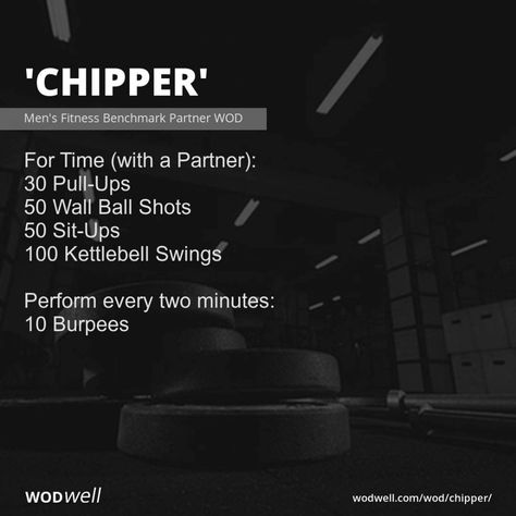 For Time (with a Partner); 30 Pull-Ups; 50 Wall Ball Shots; 50 Sit-Ups; 100 Kettlebell Swings; Perform every two minutes:; 10 Burpees Partner Wod Crossfit, Chipper Workout, Partner Wod, Partner Workouts, Wods Crossfit, Burpee Workout, Crossfit Workouts Wod, Quinoa Salads, Crossfit Wods