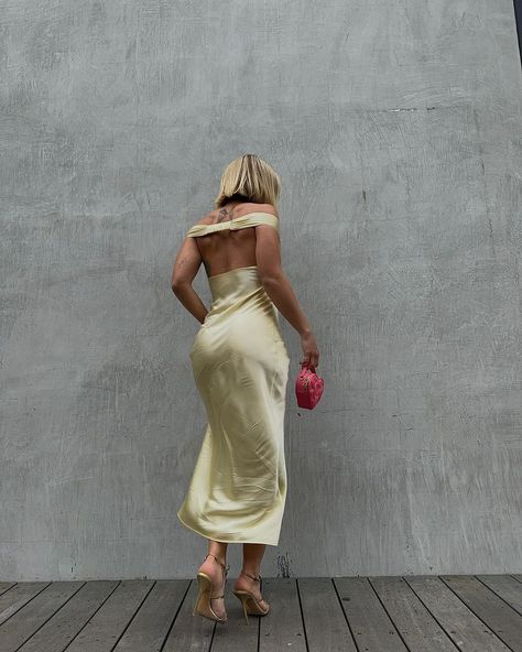 🍋🍸 @natalierolt | Instagram Red Carpet Event Outfit, Urban Outfitters Midi Vacation Dress, Yellow Meshki Dress, Yellow Silk Maxi Dress Floor-length, Luxury Yellow Silk Maxi Dress, Low Back Satin Maxi Dress Pale Yellow, Beach Wedding Guest Dress, Yellow Gown, Event Outfit