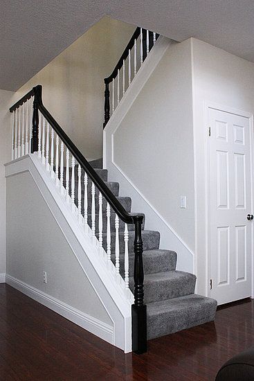 Black Banister, Banister Remodel, Stairway Gallery, Black Stair Railing, Carpet Diy, Stair Cases, Black Stairs, Stair Banister, Project House