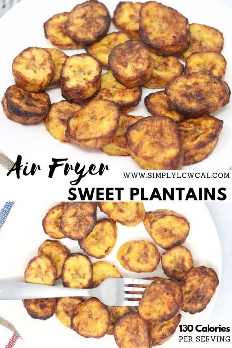 Air fryer sweet plantains are cooked in the air fryer to drastically reduce the amount of oil used. Same great sweet taste. | Simply Low Cal @simplylowcal #sweetplantains #maduros #plantains #platanosmaduros #sidedishrecipes #simplylowcal Air Fryer Plantains Sweet, Air Fryer Plantains, Cook Plantains, Cooking Staples, How To Cook Plantains, Air Fryer Recipes Low Carb, Sweet Plantains, Air Fryer Recipes Breakfast, Air Fryer Recipes Vegetarian