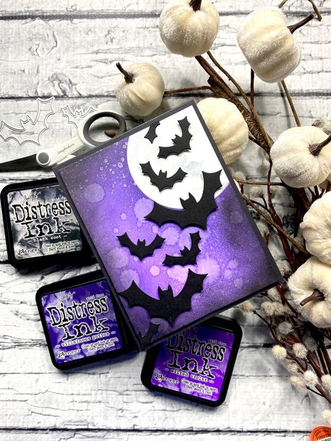 Spooky Night Filled With Bats Card - Scrapbook.com Ghost Cards Handmade, Easy Halloween Cards To Make, Halloween Atc Cards Ideas, Halloween Handmade Cards, Tim Holtz Halloween Cards, Easy Halloween Cards, Halloween Cards Handmade Ideas, Homemade Halloween Cards, Cricut Halloween Cards