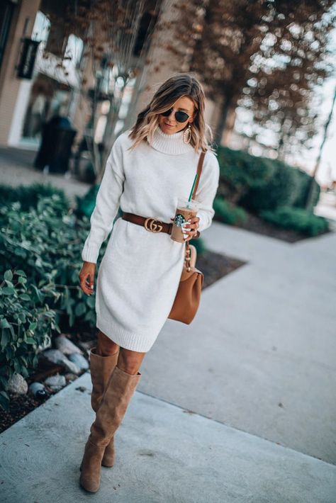 Here's how you can style a sweater dress for fall. #StyleInspo Cream Sweater Dress Outfit, Teaching Wardrobe, Turtle Neck Sweater Dress, Fall Office Outfits, Cream Sweater Dress, Winter Mode Outfits, Fall Sweater Dress, White Sweater Dress, Sweater Dress Outfit