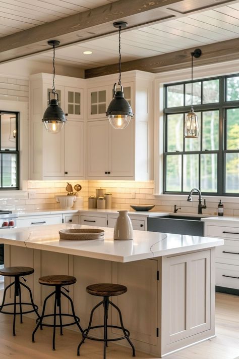 Opt for multifunctional islands with storage, seating, and prep space Luxury Modern Farmhouse Kitchen, Modern Farm Kitchen Ideas, Country Modern Kitchen Farmhouse Style, Country Style Kitchen Farmhouse, Modern Farmhouse Colors, Farmhouse Modern Kitchen, Modern Farm Kitchen, Kitchen Cabinet Colours, Modular Kitchen Cabinet