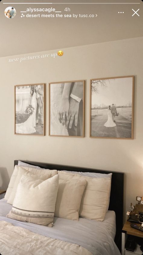 Master Bedrooms Photo Wall, Pictures Above Master Bed, 3 Picture Frames Above Bed, Wedding Pictures Over Master Bed, Wedding Picture Above Bed, Framed Photos Above Bed, Couple Frame Ideas Pictures, Wedding Photos Bedroom Decor, Picture Frames Over Bed