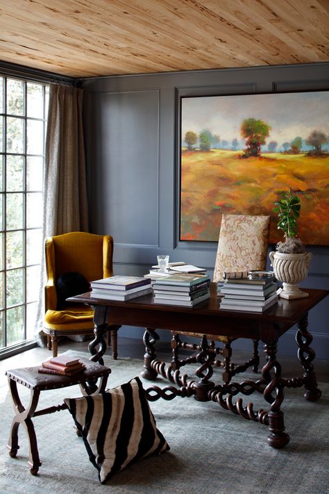 Home office features Pecky Cypress ceiling. Paint color is Benjamin Moore Ashland Slate. Office Paint Colors Benjamin Moore, Office Paint Colors, Interior Wall Paint, Traditional Interior Design, Paint Colors Benjamin Moore, Grey Paint Colors, Farmhouse Interior, Office Lighting, Traditional Interior