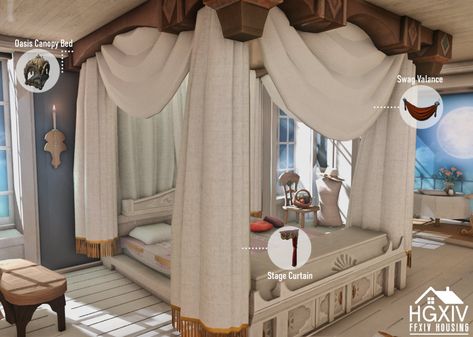 Ffxiv Housing Bedroom, Ffxiv Housing Medium, Ffxiv Bedroom, Chic Canopy Bed, Shabby Chic Canopy Bed, Xiv Housing, Parisian Bedroom, Bedroom With Balcony, Ffxiv Housing