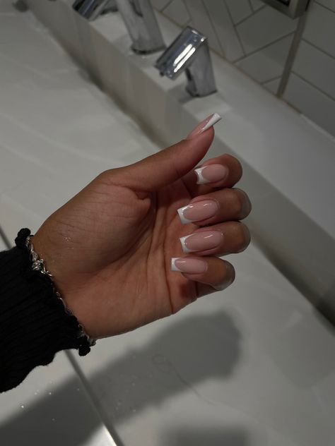 Medium Deep French Nails, Simple French Tip Nails Medium, Mid French Tip Nails, Regular French Nails, Medium Length Coffin French Tips, Medium Square Nails French Tips, Narrow Square French Tip Nails, Short Length French Tip Nails, French Manicure Medium Length