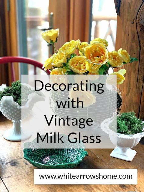 Spring Decorating with Thrifted Milk Glass ~ White Arrows Home Decorating With Milk Glass Ideas, Decorating With Milk Glass, Milk Glass Centerpiece, Milk Glass Wedding, Milk Glass Decor, Milk Glass Collection, Milk Glass Lamp, Thrift Store Decor, Pretty Coffee