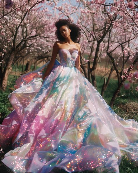 Vibrant Wedding Dress, Iridescent Dress Evening Gowns, Holographic Gown, Iridescent Wedding Dress, Iridescent Wedding, Iridescent Fashion, Rainbow Wedding Dress, Fantasy Ball, Fairy Gown