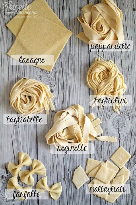 Formati di pasta all'uovo fatta in casa Easy Homemade Pasta, Homemade Pasta Dough, Types Of Pasta, Pasta Dough Recipes, Homemade Pasta Recipe, Pasta Types, Egg Pasta, Handmade Pasta, Pasta Fatta In Casa