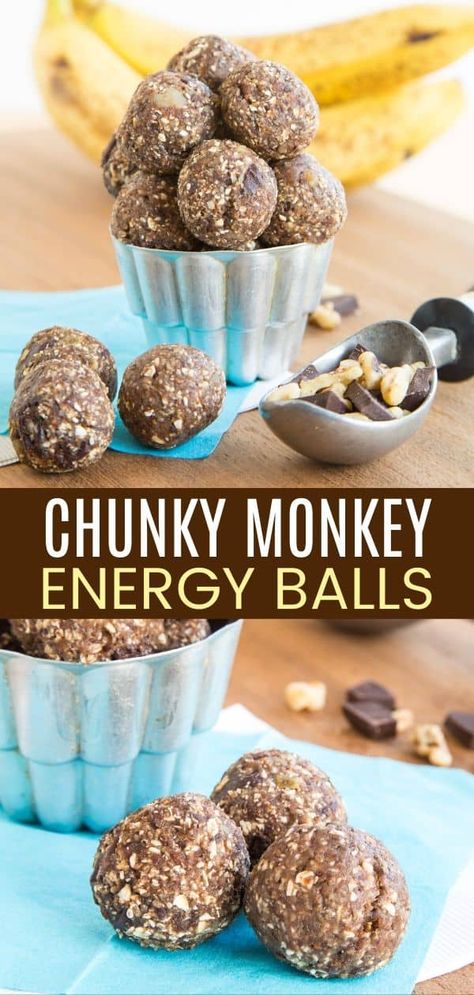 Chunky Monkey Energy Balls - just like your favorite ice cream flavor, these easy snack bites have the flavors of banana and vanilla, plus they are loaded with dark chocolate chunks and walnuts. But they are healthy and loaded with superfoods. You can even make this recipe gluten free and vegan! Monkey Balls Recipe, Mom Snacks, Banana Energy, Lunchbox Snacks, Healthy Snack Recipe, Healthy Treats Recipes, Energy Food, Ice Cream Flavor, The Lunchbox