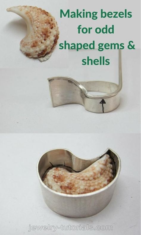 Making bezels for odd shaped gemstones with varied heights such as this shell example. silver / shells / metalsmith / jewelry making tutorial / silver frame / collet Silver Smithing Jewelry Tutorials, Silver Smithing Jewelry, Ring Making Tutorial, Silversmithing Tutorials, Stone Settings Jewelry, Metalsmith Jewelry, Silver Jewelry Making, Silversmithing Jewelry, Silver Smithing