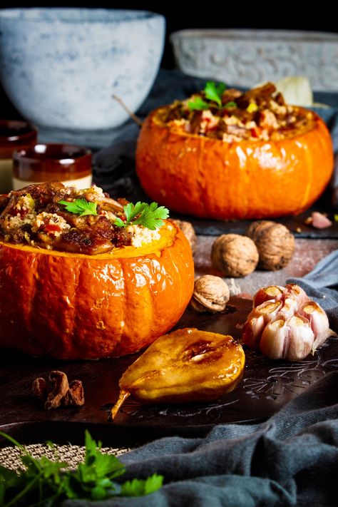 Roasted Hokkaido pumpkin stuffed with couscous and veggies Pumpkin And Mushroom, Pumpkin Chunks Recipes, Hokkaido Pumpkin Recipes, Hokkaido Recipe, Stuffed Pumpkin Recipes, Pumpkin Couscous, Spooky Brunch, Hokkaido Pumpkin, Vegetarian Inspiration