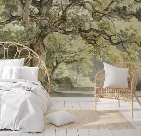 Vintage Wall Mural, Tree Wall Mural, Tree Wall Murals, Tree Mural, Antique Wallpaper, Hand Painted Wallpaper, Tree Wallpaper, Big Tree, Vinyl Paper