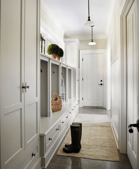 Contemporary Mudroom, Country Laundry Rooms, Cornforth White, Mudroom Design, Long Hallway, Farrow And Ball, Boot Room, Laundry Mud Room, Mud Room