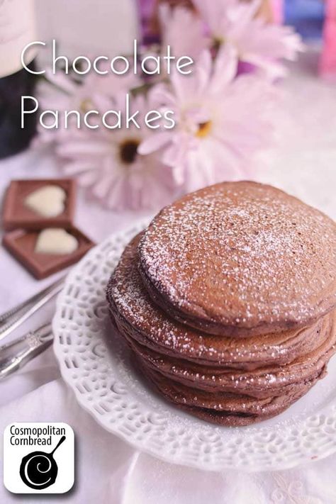 Breakfast in Bed with Chocolate Pancakes | A Sweet Pairing | Cosmopolitan Cornbread Pancake Easy, Chocolate Abuelita, Pancake Recipe Easy, Chocolate Pancakes, Tasty Breakfast, Mini Pancakes, Baking Cocoa, How To Make Pancakes, Pancakes Easy