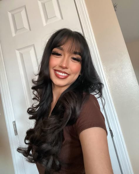 Bangs Style Ideas, Long Black Layered Hair With Bangs, Latina With Bangs, Long Black Hair With Wispy Bangs, Jet Black With Bangs, Versatile Bangs, Long Black Hair Bangs Aesthetic, Long Jet Black Hair With Bangs, Wispy Bangs Hairstyles