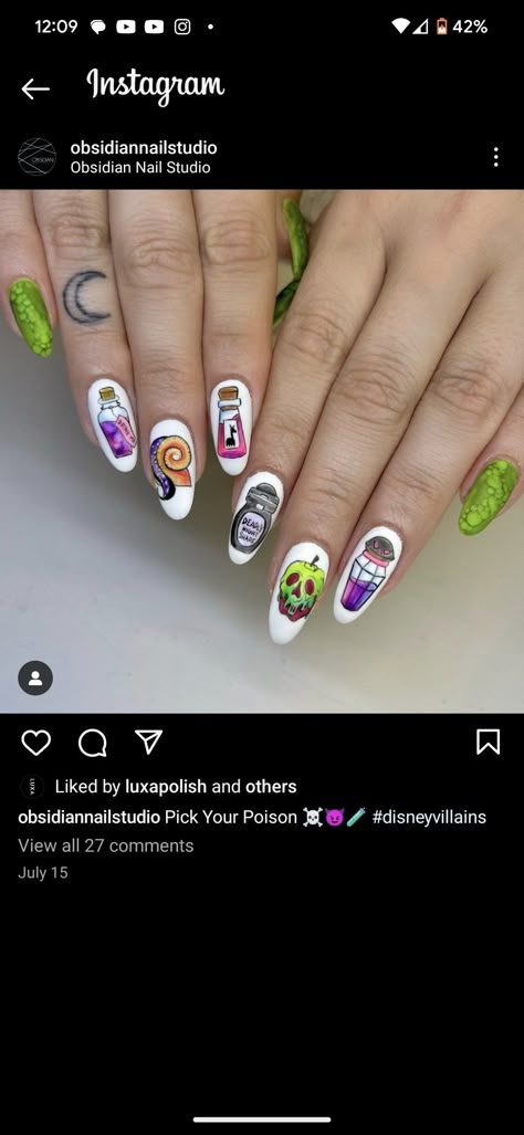 Villains Disney poison character Villain Nails Disney, Poison Nail Art, Disney Villian Nail Art, Disney Villains Nail Designs, Emperors New Groove Nails, Hades Nails Disney, Disney Villain Nail Art, Disney Halloween Nail Art, Disney Villains Nails