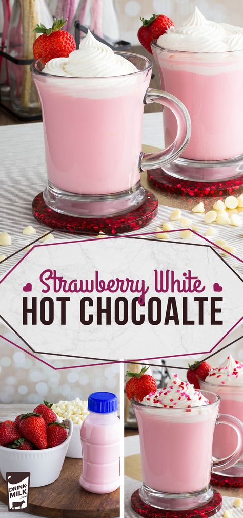 Strawberry White Hot Chocolate with Homemade Whipped Cream Strawberry Hot Chocolate Recipe, Strawberry White Hot Chocolate, Hot Strawberry Milk, Whipped Cream Drinks, Strawberry Hot Chocolate, Chocolate Strawberry Smoothie, Whipped Cream Chocolate, Hot Chocolate Party, Hot Drinks Recipes