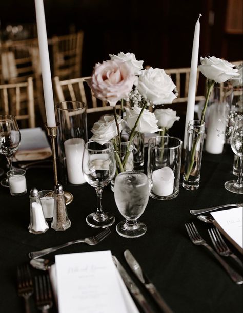 Modern white and blush rose table centerpieces Black Tablecloth Wedding, Black Table Cloth, Italian Garden Wedding, Pink Wedding Receptions, Modern Wedding Table, Dusty Pink Weddings, Philly Wedding, Black And White Wedding Theme, Black Tablecloth