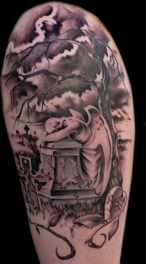 cat theme tattoo | 25 Amazing Graveyard And Cemetery Tattoos Cemetery Tattoo, Graveyard Tattoo, A Tattoo Design, Torso Tattoos, Forarm Tattoos, Theme Tattoo, Religious Tattoos, Chest Piece Tattoos, Octopus Tattoo