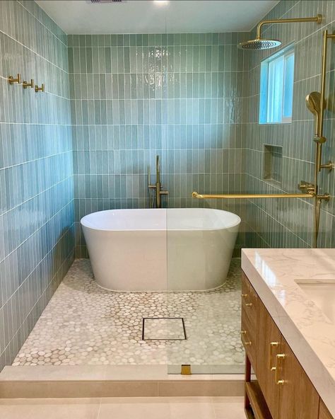 Bathroom With Turquoise Tile, Marin Aloe Green Tile, Aloe Green Tile Bathroom, Blue Wet Room, Blue And Green Tile Bathroom, Blue Tile Design, Bedrosians Marin Tile, Green Tile Bathtub Surround, Green Blue Tile Bathroom