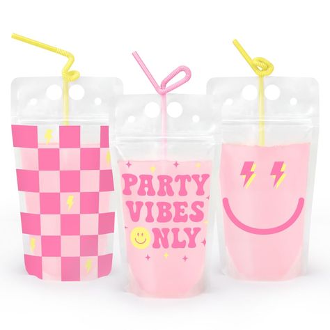 PRICES MAY VARY. Party Vibes Only: our 15 pack yellow and pink Preppy Party Drink Pouches are the birthday party addition you've been looking for + a guaranteed hit! Squad Approved: have fun celebrating with these Preppy Party Drink Pouches! The pouches come in 3 designs with 5 pcs per each including a checker print design, lightening smiley face design, and ""Party Vibes Only"" design. Pink + yellow twisty straws included. Spill Proof: say goodbye to spills with our resealable pouches; each pou Pink Smiley Birthday Theme, Smiley Face Checkered Birthday Party, Preppy Smiley Face Birthday Party, Teen Birthday Decorations, Birthday Drink Pouches, Preppy Party Ideas, Y2k Bachelorette Party, Preppy Party Decorations, Smiley Face Birthday Party