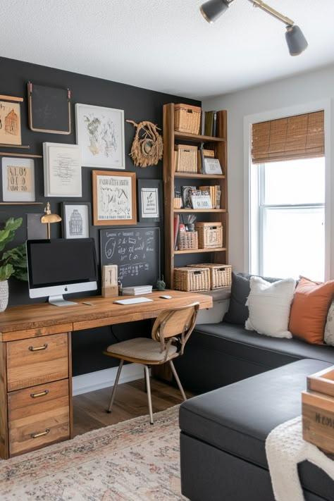 Library Office Guest Room Ideas, Home Office Ideas Spare Bedroom, Office With Gallery Wall, Craft Study Room, Small Second Bedroom Office Ideas, Craftsman Office Decor, Cute Home Offices, Home Office Space In Living Room, Small Office Room Decor