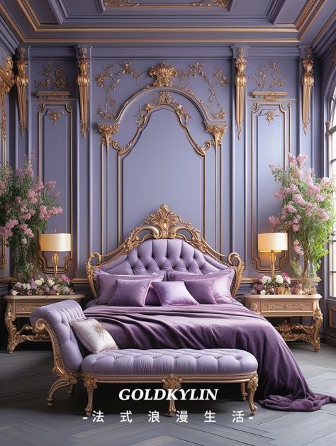 Lavender And Gold Bedroom, Gray And Lavender Bedroom, Bridgerton Bedroom, Royal Bedroom Design, Royal Bedroom, Interior Design Principles, Purple Bedrooms, Purple Rooms, Cosy Room