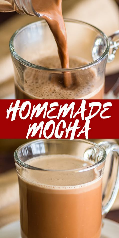 How to make an easy and delicious homemade mocha, no espresso machine or hot chocolate mix needed. Mocha With Cocoa Powder, How To Make A Mocha At Home, Cafe Mocha Recipe At Home, Hot Mocha Coffee, Starbucks Cafe Mocha Recipe, Cafe Mocha Recipe, Baking Mischief, Mocha Coffee Recipe, Mocha Latte Recipe