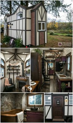 A tiny house for sale! This tiny on wheels was designed to resemble a traditional style tudor style home. Built by Tiny Heirloom in Portland, Oregon, this unique interior features spiral staircase, fireplace and a beautiful tiny bathroom, complete with a vintage style clawfoot tiny tub! Tiny Vintage House, Tudor Style Tiny House, Tiny House Vintage Style, Tudor Tiny House, Tiny Tudor House, Tiny House Unique, Unique Tiny House Ideas, Tiny House With Fireplace, Goth Tiny House