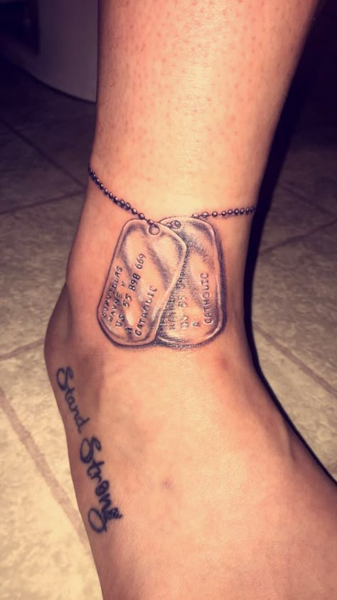 Dog tag tattoo I got in memory of my grandpa #dogtag #tattoo #army #grandpa Army Tag Tattoo, Dog Tag Memorial Tattoo, Marine Memorial Tattoo Grandpa, Army Tattoos For Women Military, Dog Tag Tattoos For Women, Army Tattoo Ideas For Women, Dog Tag Tattoo For Men, Dogtag Tattoo, Dog Tags Tattoo For Women