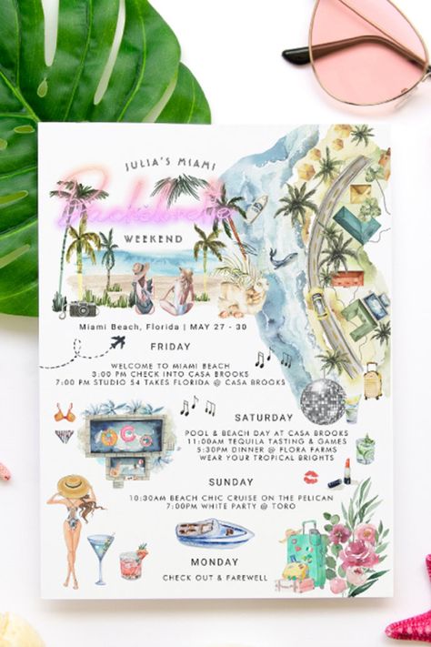 Size: 7"x 5", watercolor theme, illustrated itinerary, miami beach, bikini,  palm trees Rosemary Beach Bachelorette, Bachelorette Beach Weekend, Bachelorette Invites, Fun Bachelorette Party Ideas, Itinerary Invitation, Bachelorette Gift Bags, Miami Bachelorette Party, Beach Invitations, Last Splash