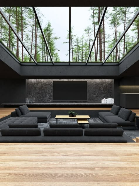 These 3D Renderings Of A Black Villa Tucked Away In The Woods Are Eye-Popping - Digg Black Villa, Sunken Living Room, Interior Design Per La Casa, Black Furniture, Design Del Prodotto, Luxury Homes Dream Houses, Dream House Interior, House Architecture Design, Villa Design