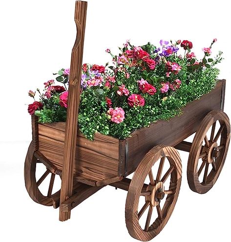 Giantex Wood Wagon Flower Planter Pot Stand W/Wheels Home Garden Outdoor Decor Wagon Flower Planter, Wagon Planter, Wooden Wheelbarrow, Wheelbarrow Planter, Wood Wagon, Garden Wagon, Wagon Cart, Wooden Wagon, Barrel Planter